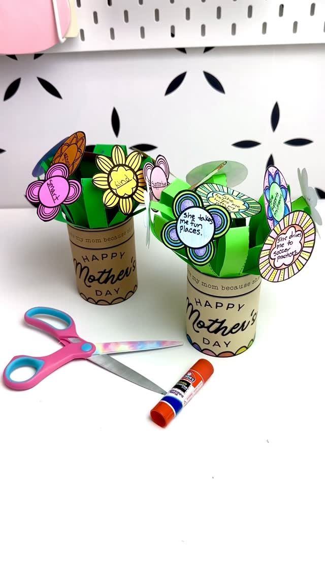 Two flower pot shaped Mother's Day cards with colorful paper flowers and craft supplies.