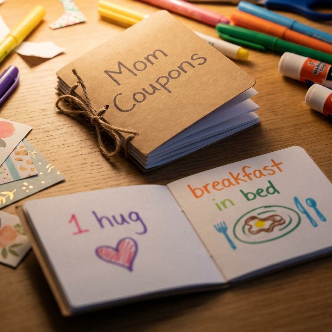 Handmade Mom Coupons booklet open to show hug and breakfast in bed vouchers.