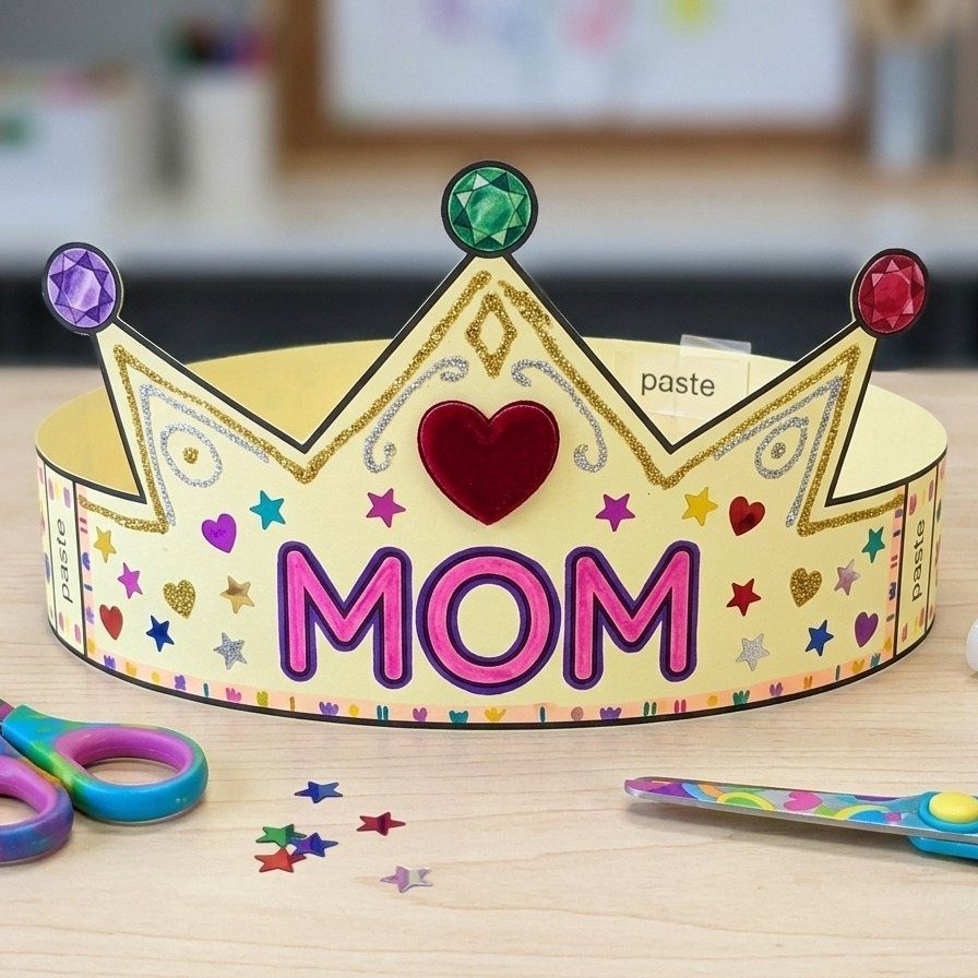 Yellow paper crown for Mom decorated with colorful stars, hearts, and plastic gems.