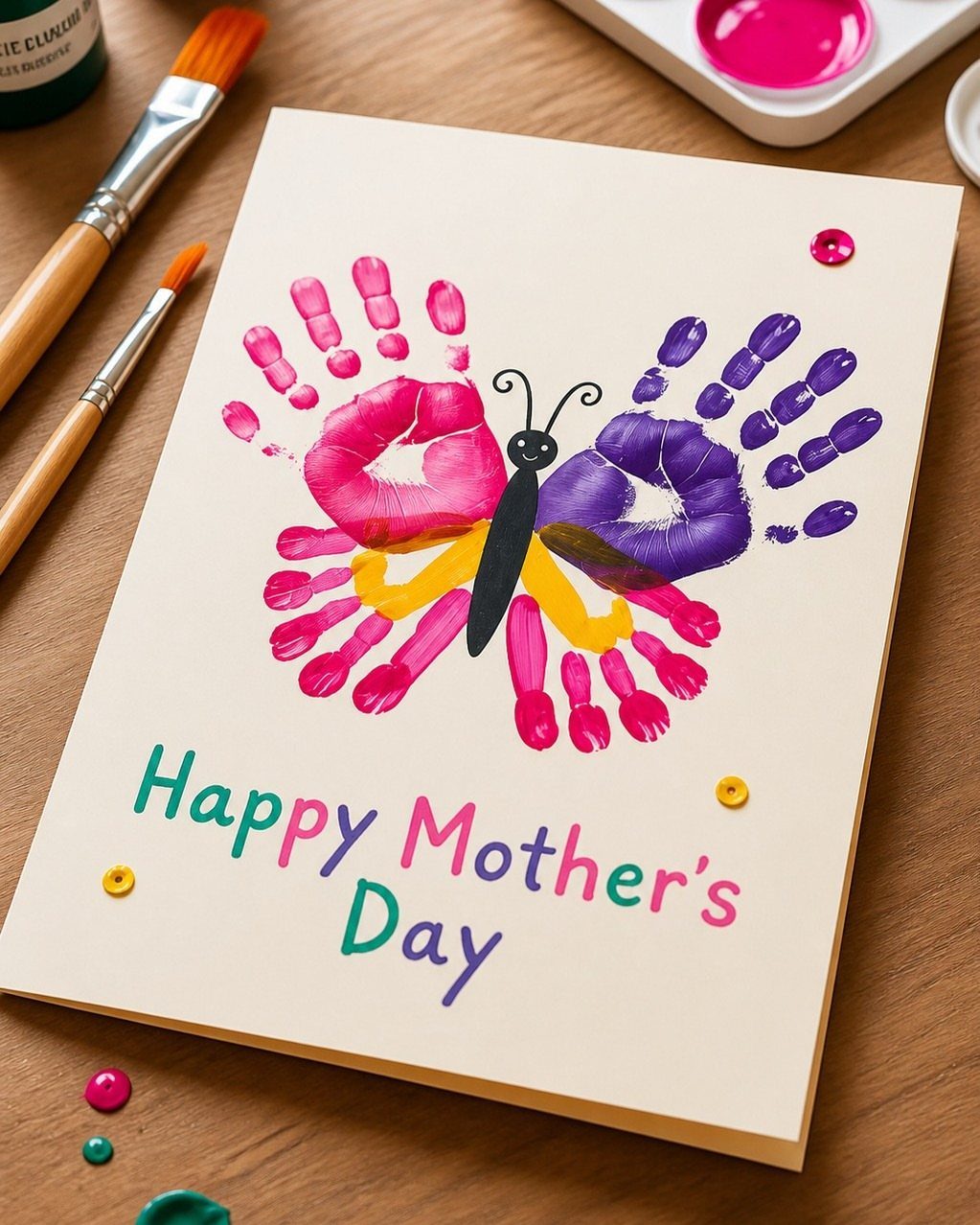 Butterfly made from pink and purple handprints on a Mother's Day card.