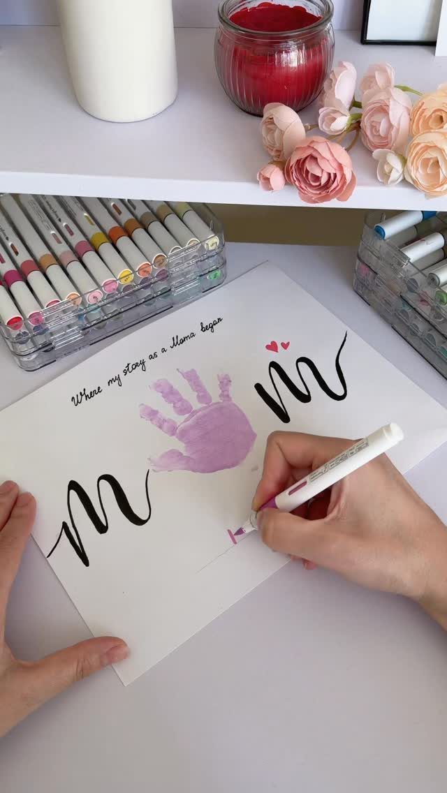 Handwritten poem for Mom featuring a purple child's handprint on white paper.