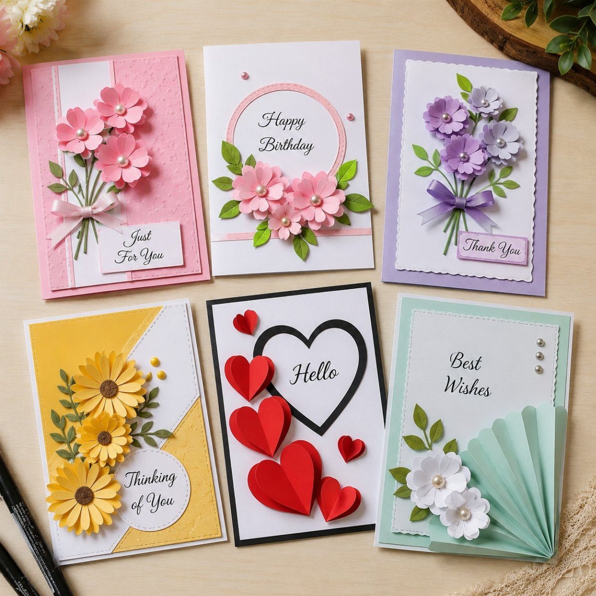 Six handmade greeting cards with 3D paper flowers and hearts on wooden background