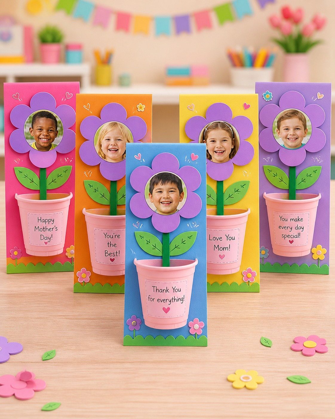 Colorful Mother's Day cards featuring paper flowers with children's photos in the center.