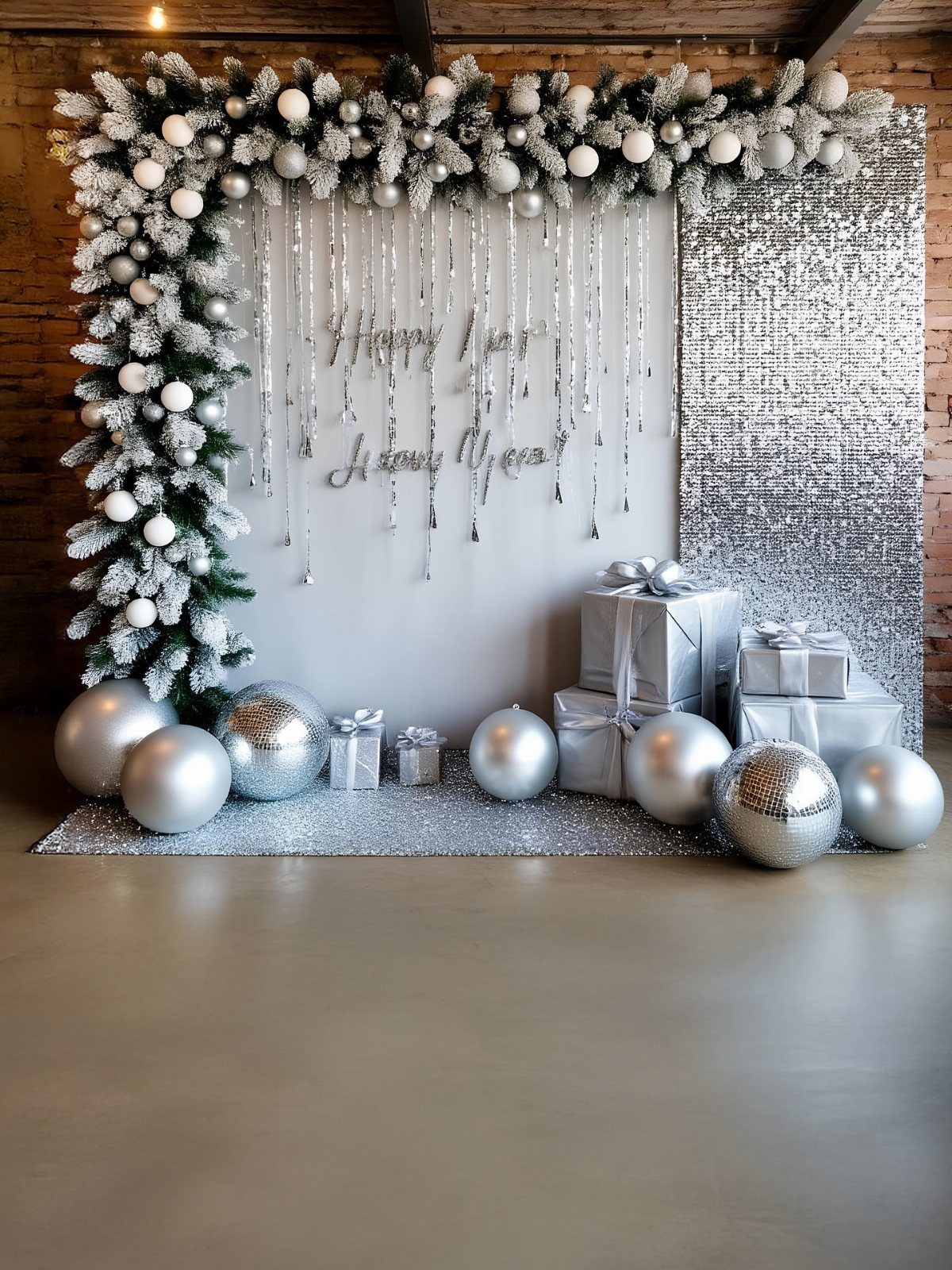 Silver and white party backdrop with snowy garland, sequins, balloons, and gift boxes.