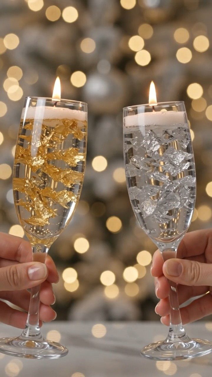 Champagne flutes used as candle holders with gold flakes and clear crystals.