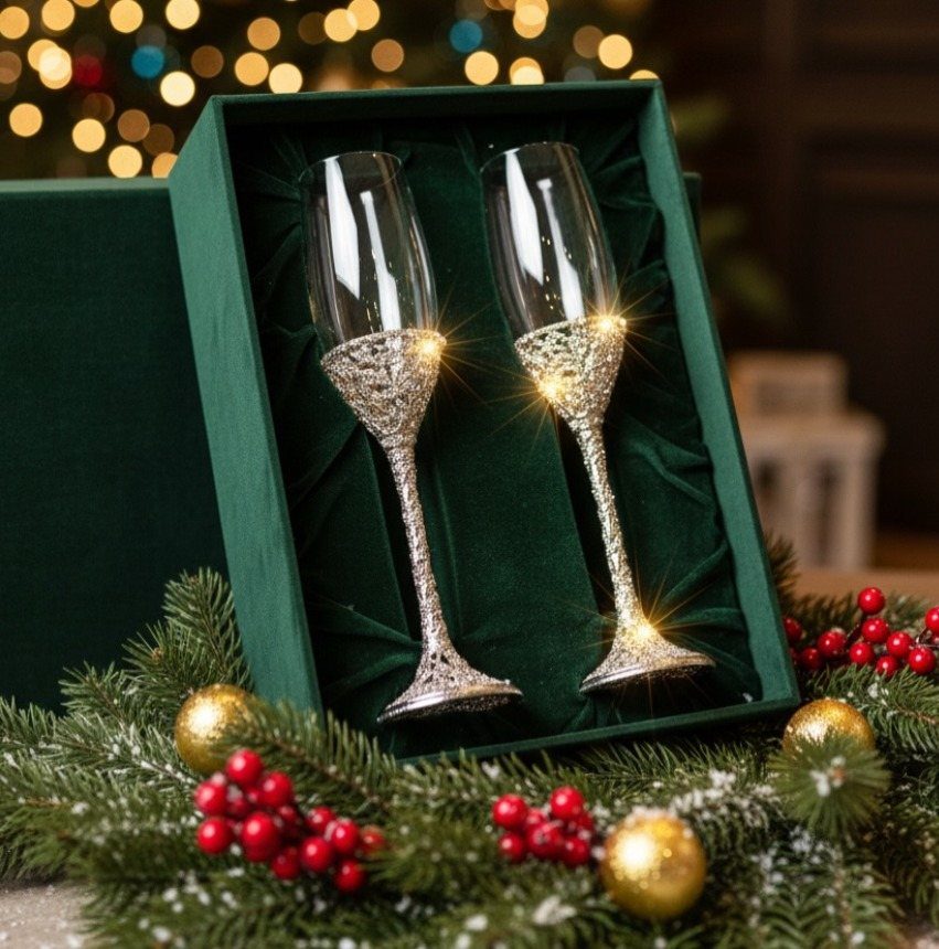Silver glitter champagne flutes in a green velvet box with festive holiday greenery.