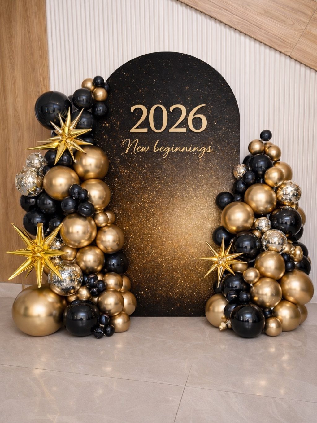 Black arched backdrop with 2026 text surrounded by gold and black balloons.