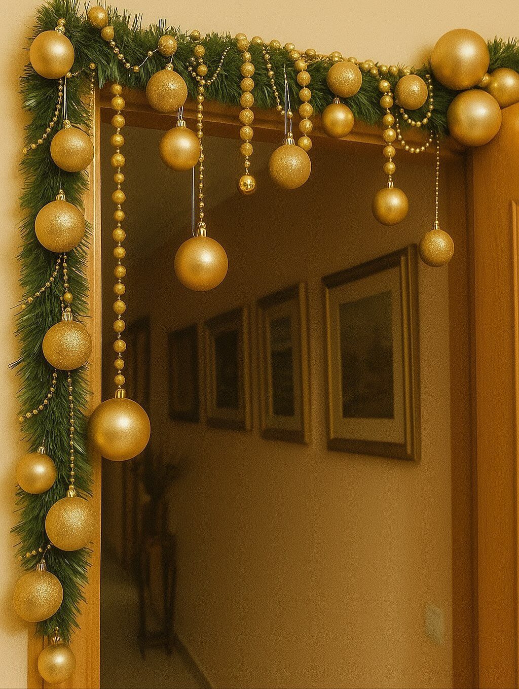 Doorway decorated with green evergreen garland and hanging gold spherical ornaments.