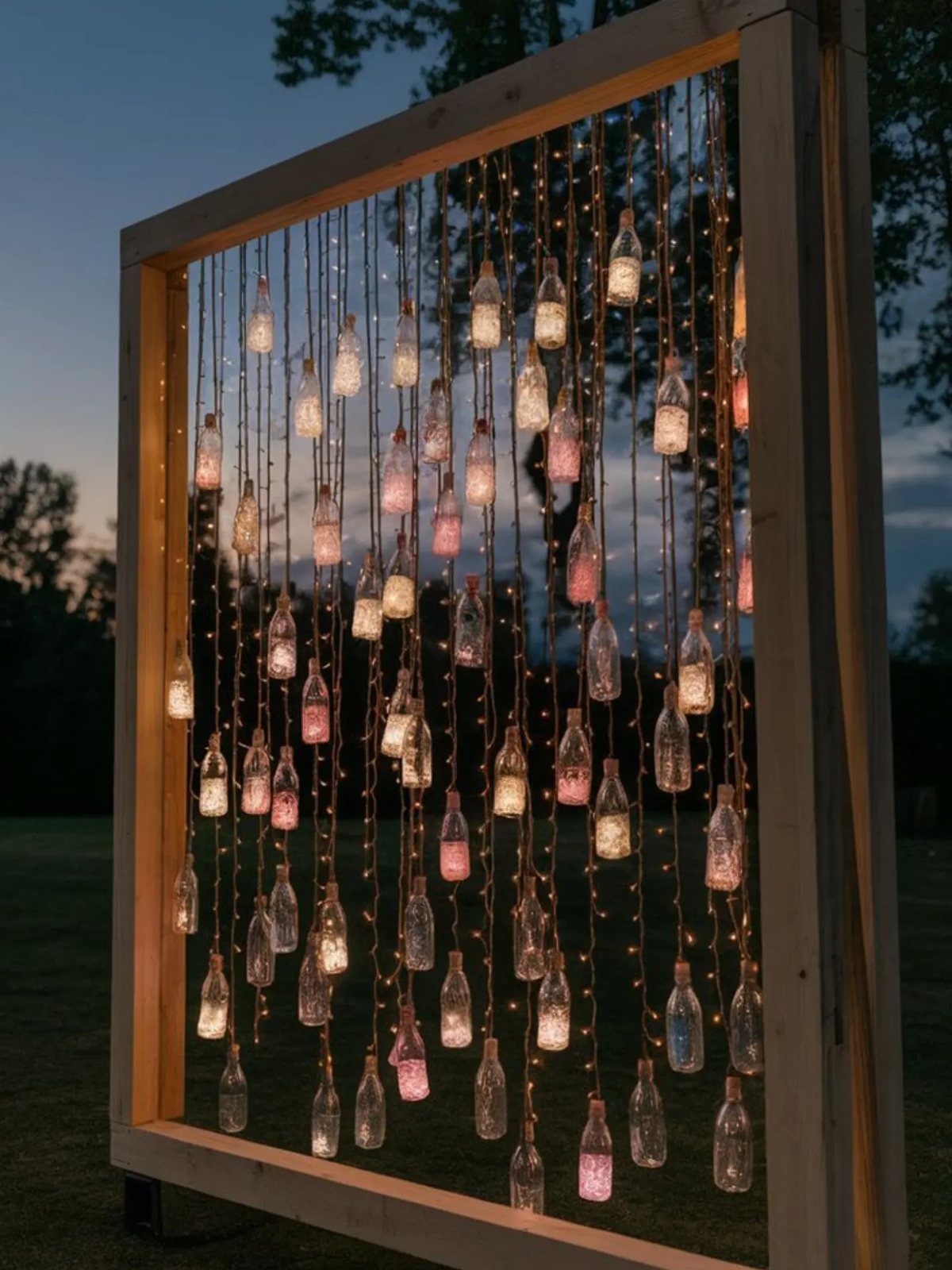 Wooden frame with hanging fairy lights and glowing glass bottles in an outdoor setting