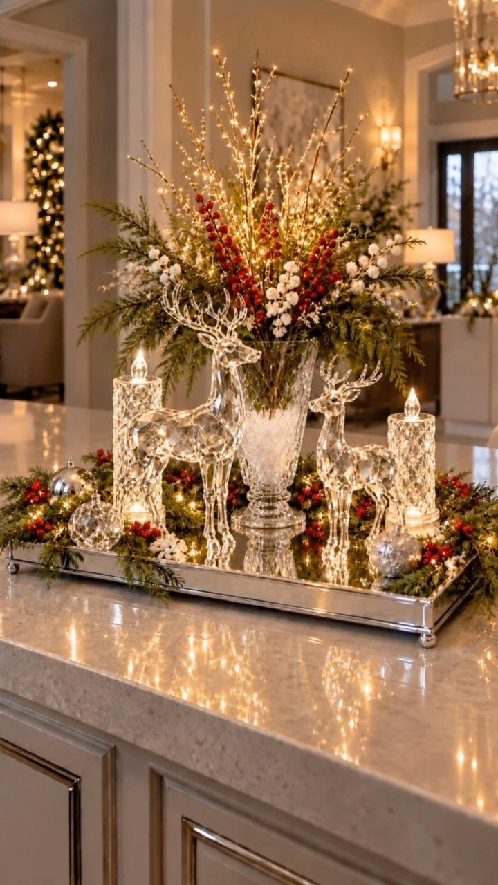 Festive centerpiece with crystal deer and candles on a mirrored silver tray.