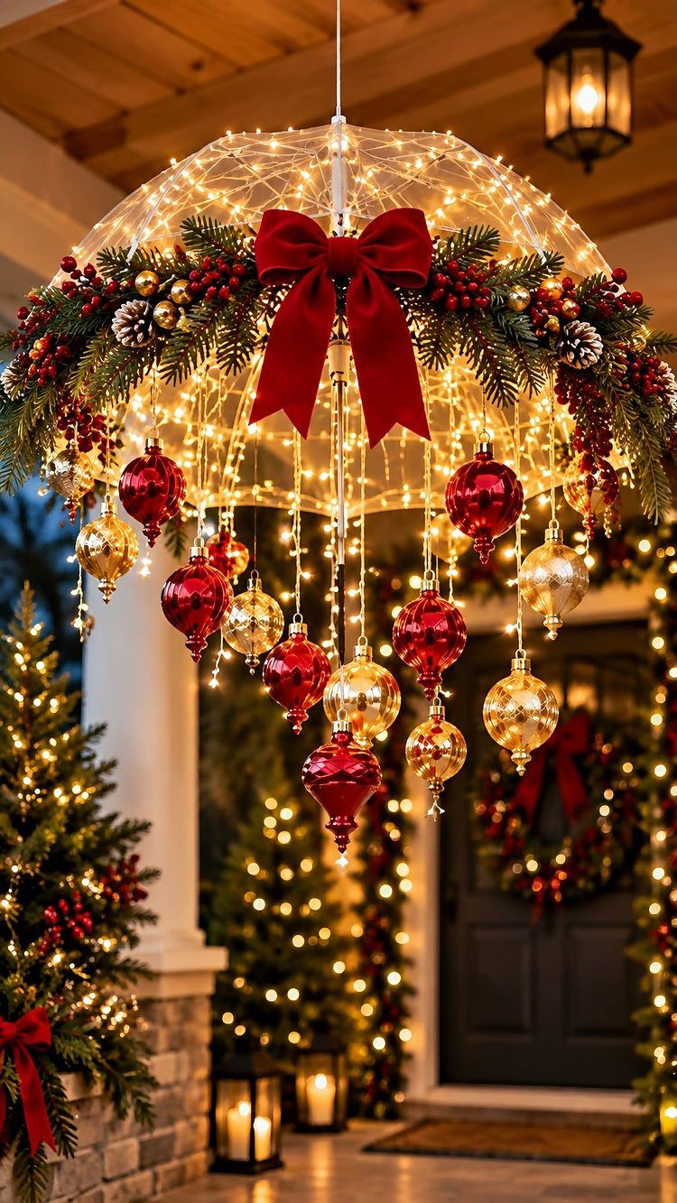 Decorated white umbrella with fairy lights and ornaments hanging on a festive porch