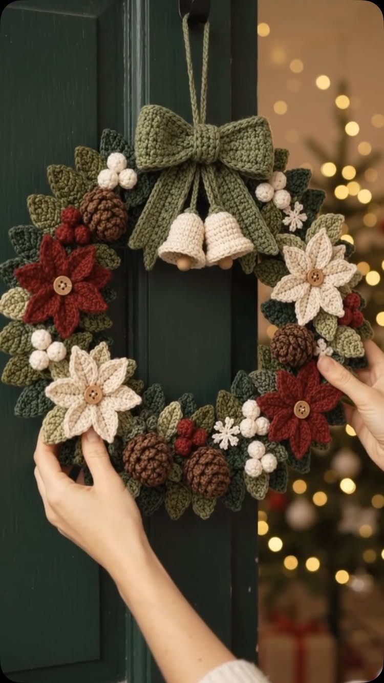 Crocheted Christmas wreath with bells, pinecones, and flowers hanging on a green door