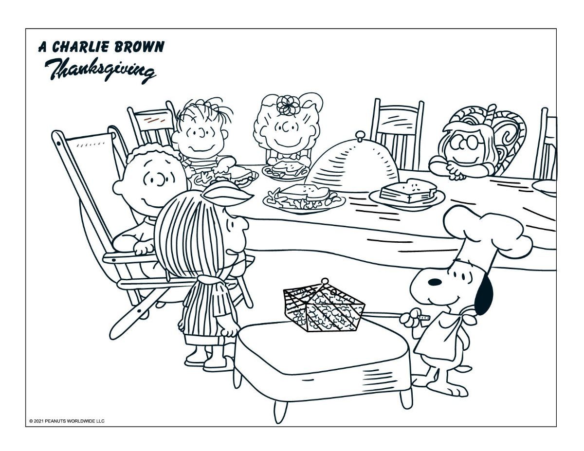 Charlie Brown and friends gathered around a Thanksgiving dinner table coloring page.