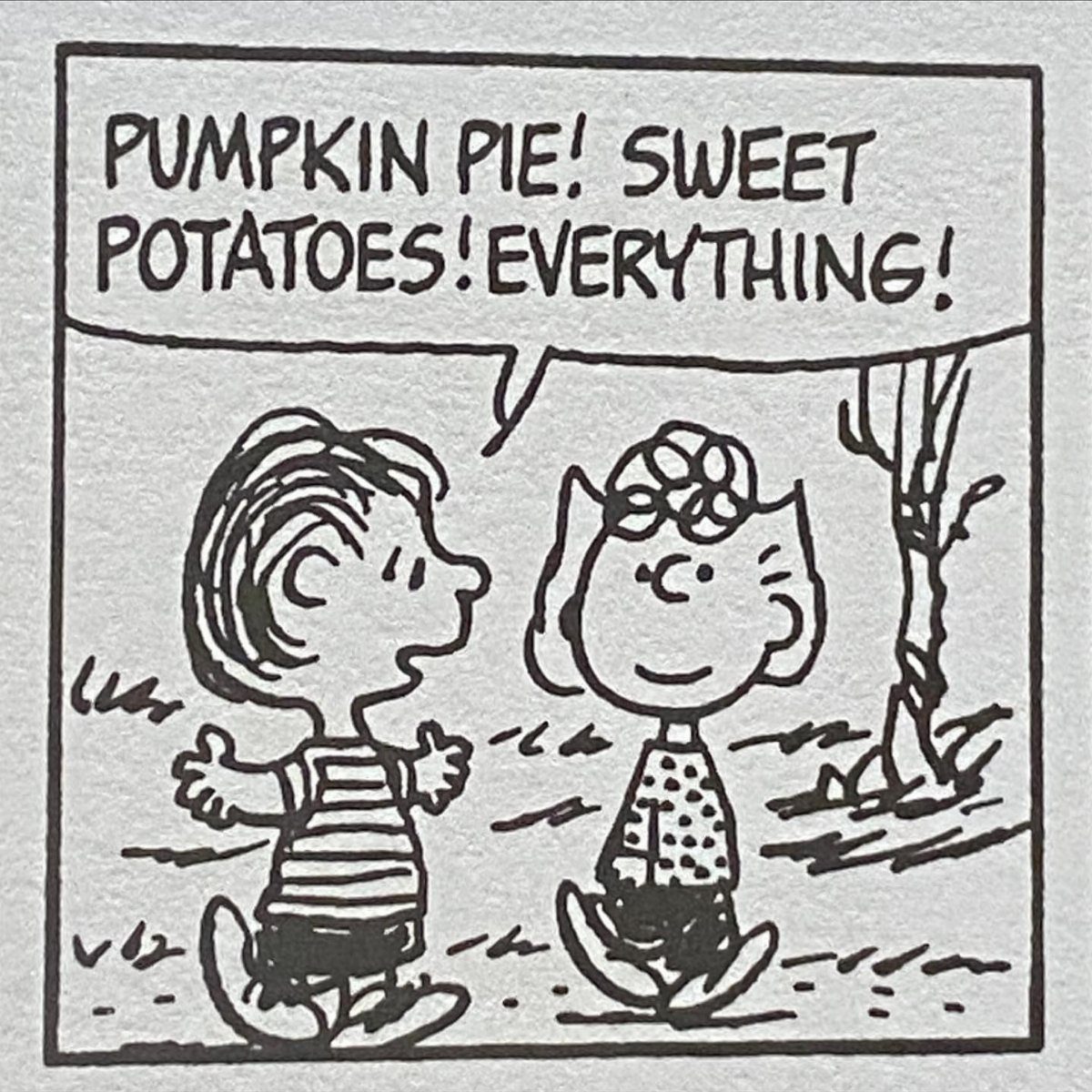 Linus and Sally from Peanuts talking about Thanksgiving food in a line drawing.