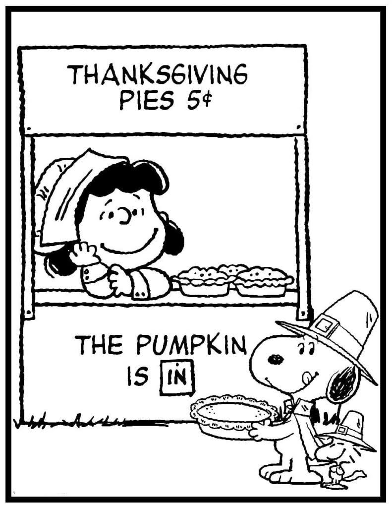 Snoopy in a pilgrim hat holding a pie at Lucy's Thanksgiving pie stand.