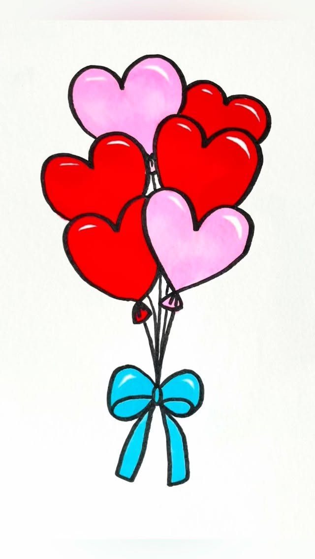 Heart-shaped balloons in red and pink tied with a blue bow on white.