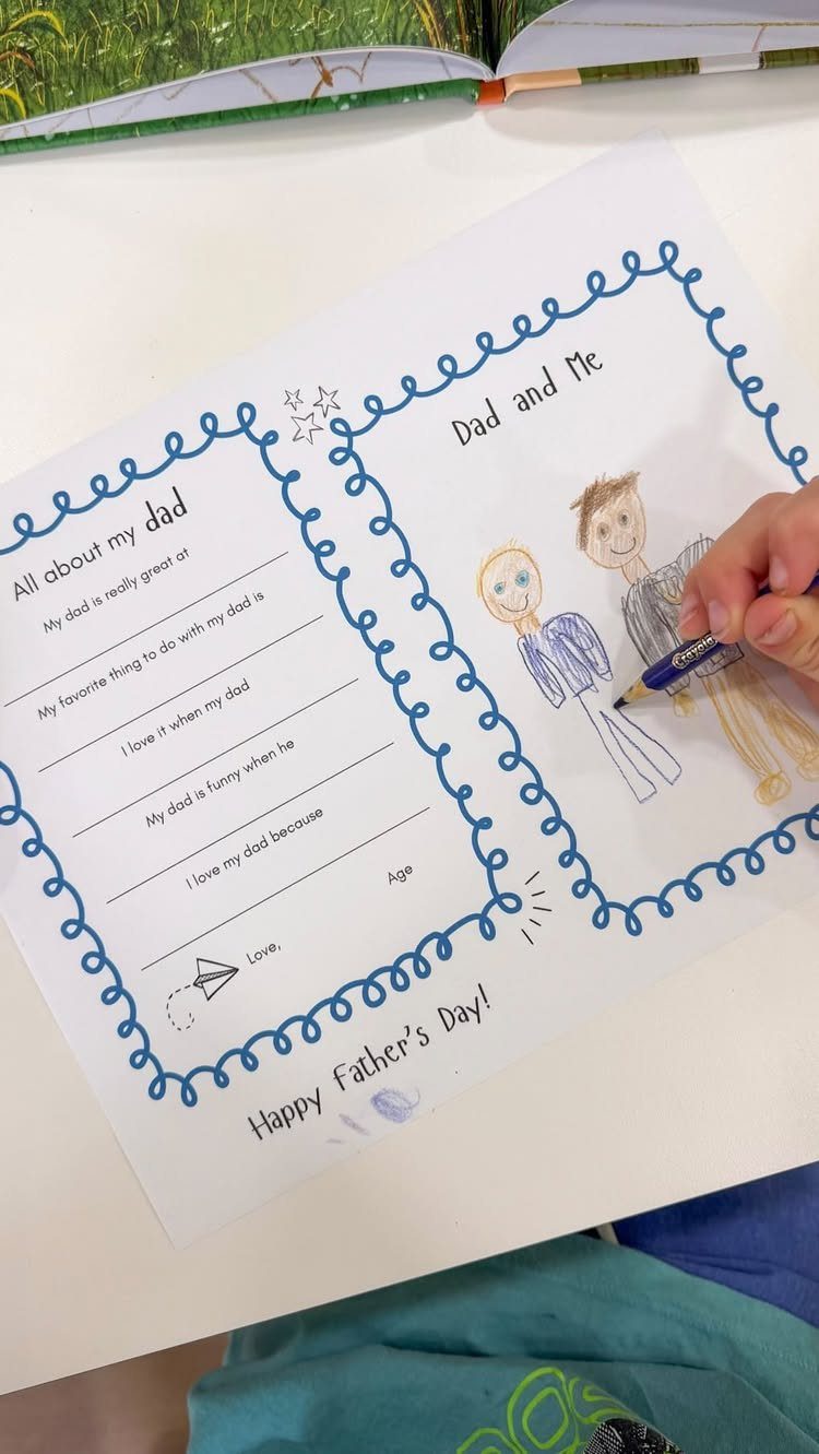 Child coloring a Father's Day printable worksheet titled All about my dad.