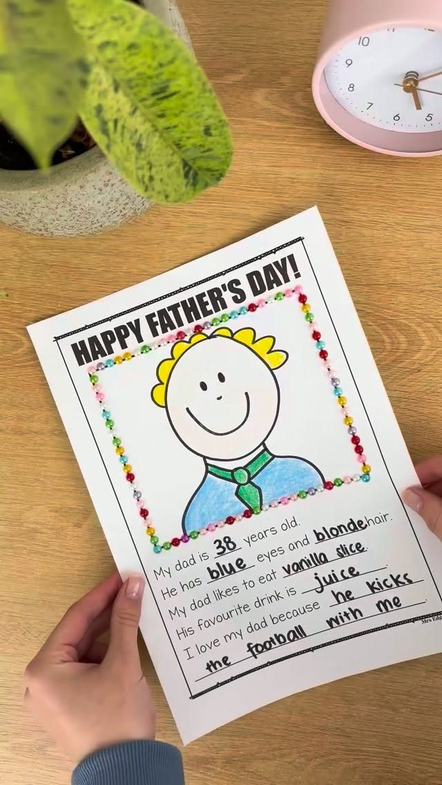 Handwritten Father's Day fill-in-the-blank activity sheet with a cartoon man illustration.