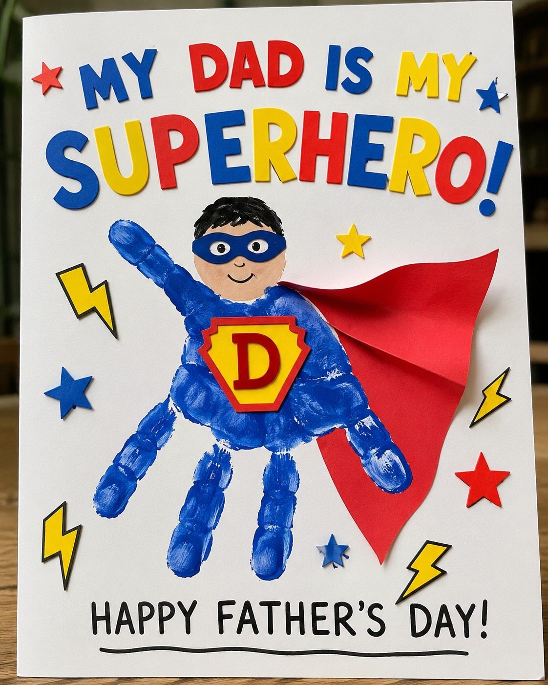 Handprint superhero card with blue paint, red cape, and Father's Day text.