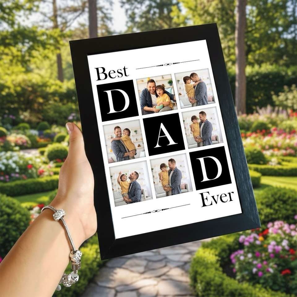 Framed printable Father's Day craft with photos and text held in a garden