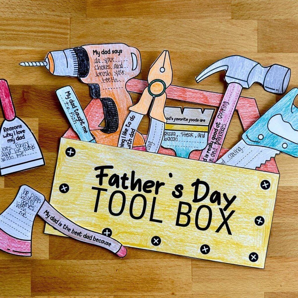 Paper tool box craft with colorful tool cutouts and handwritten messages for Father's Day