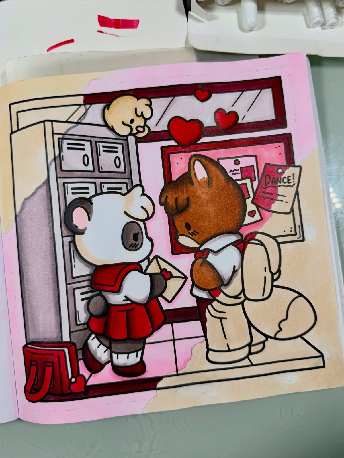 Colored drawing of a panda giving a Valentine's letter to a cat character.
