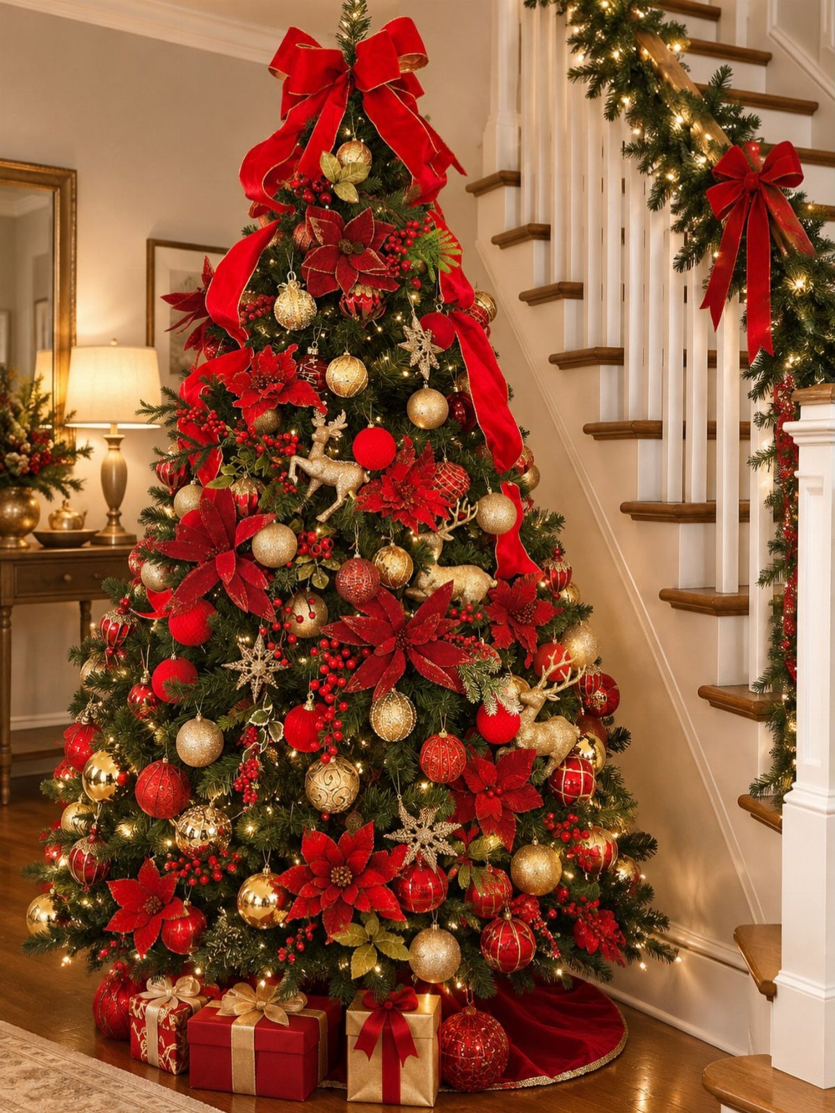 Decorated Christmas tree with red poinsettias, gold ornaments, and gold deer figurines.