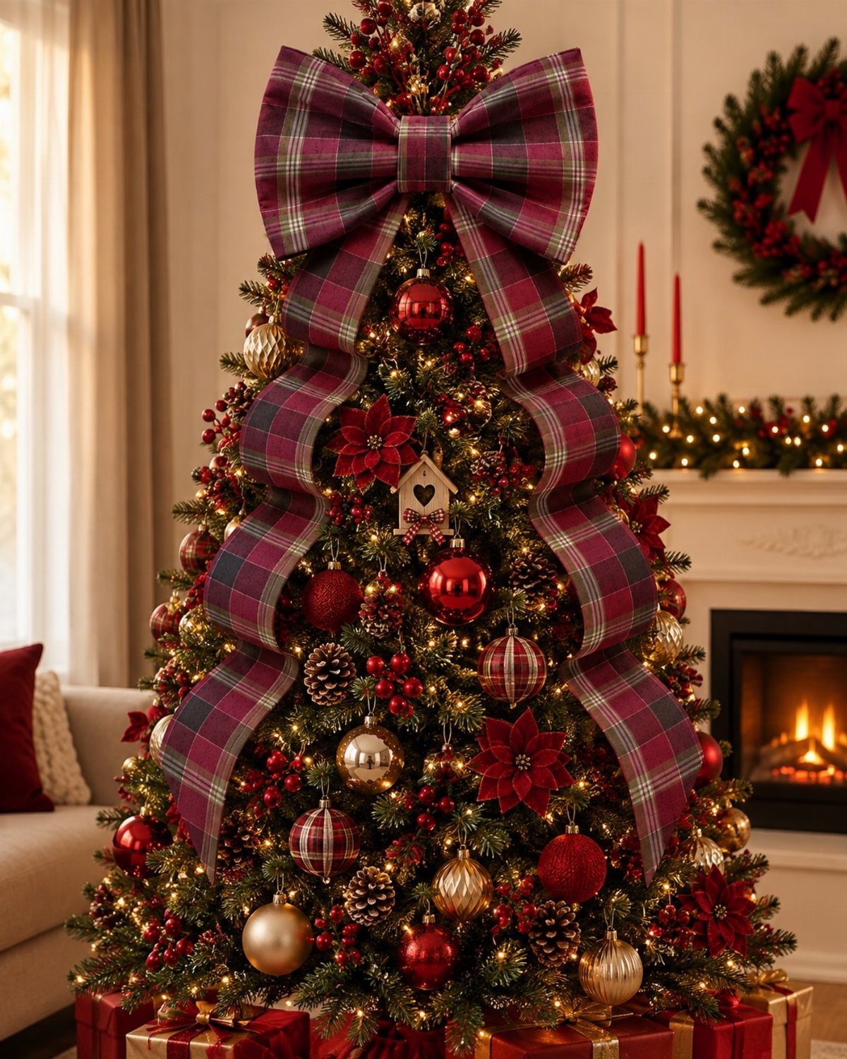 Christmas tree topped with a large red plaid ribbon and gold ornaments