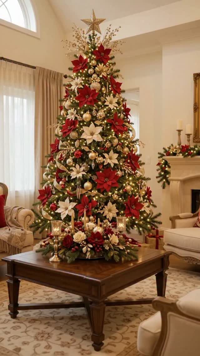 Christmas tree decorated with red and white poinsettias and gold ornaments in a living room