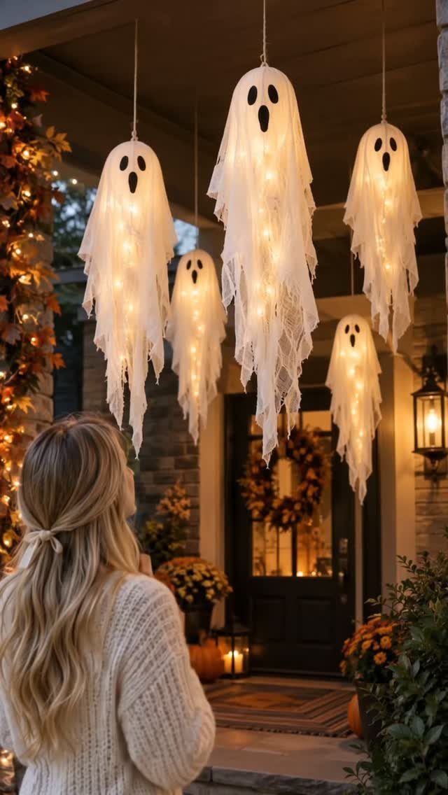 Hanging white cheesecloth ghosts with internal lights on a decorated house porch