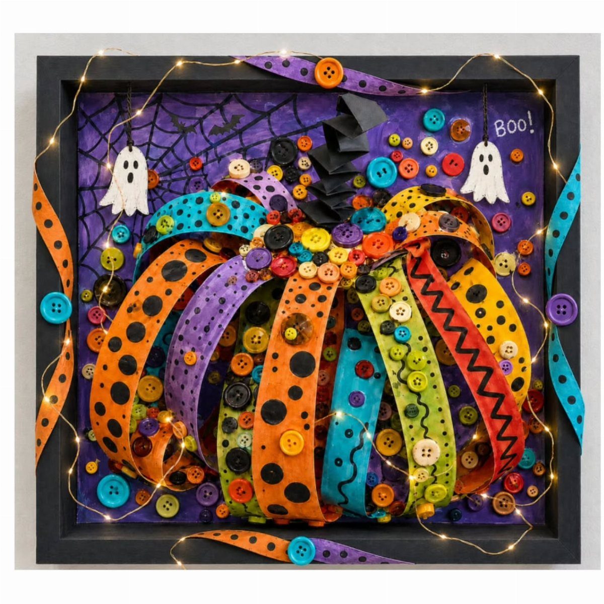 Colorful 3D pumpkin art made from buttons and strips in a black frame.