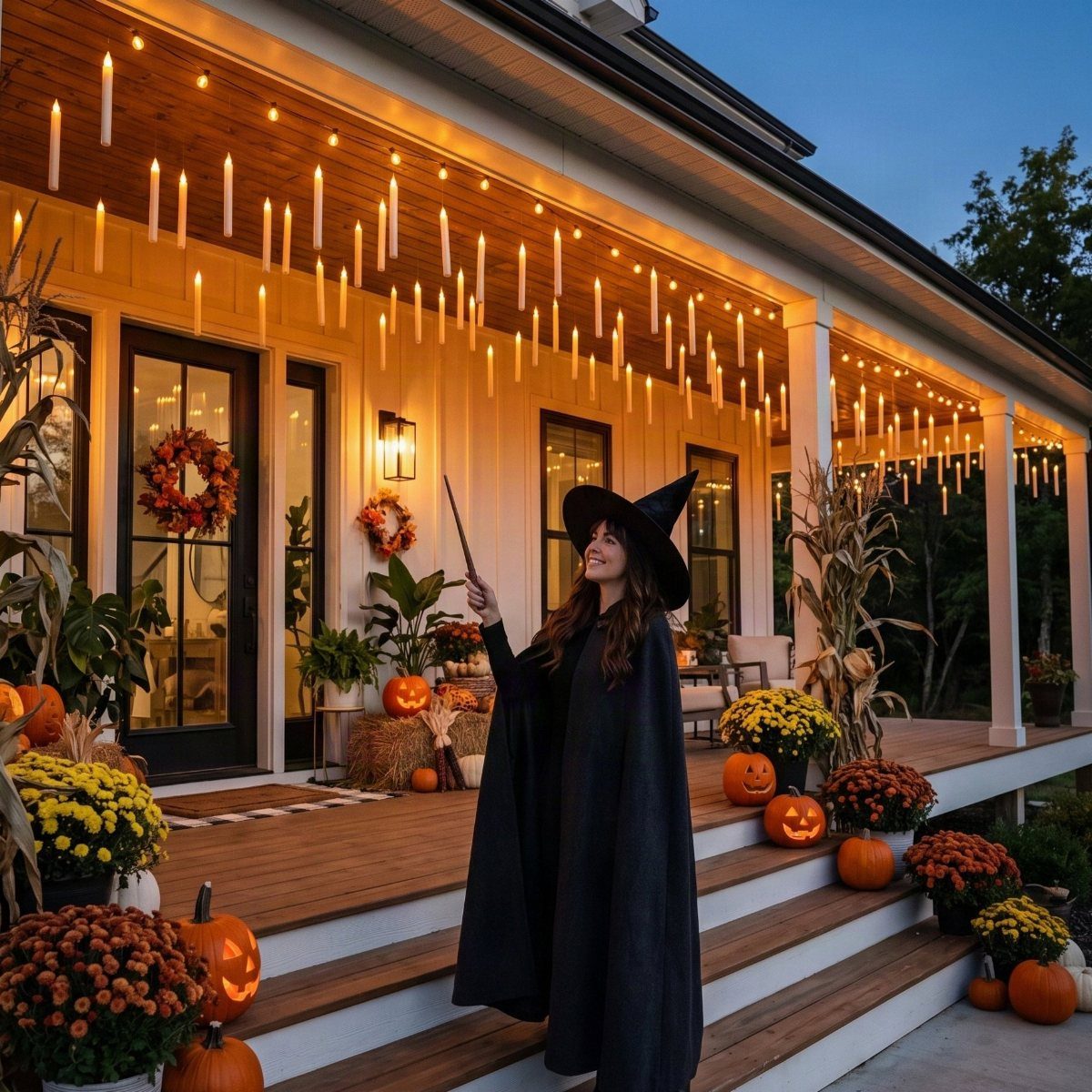 Witch on a porch decorated with glowing floating candles, pumpkins, and autumn flowers