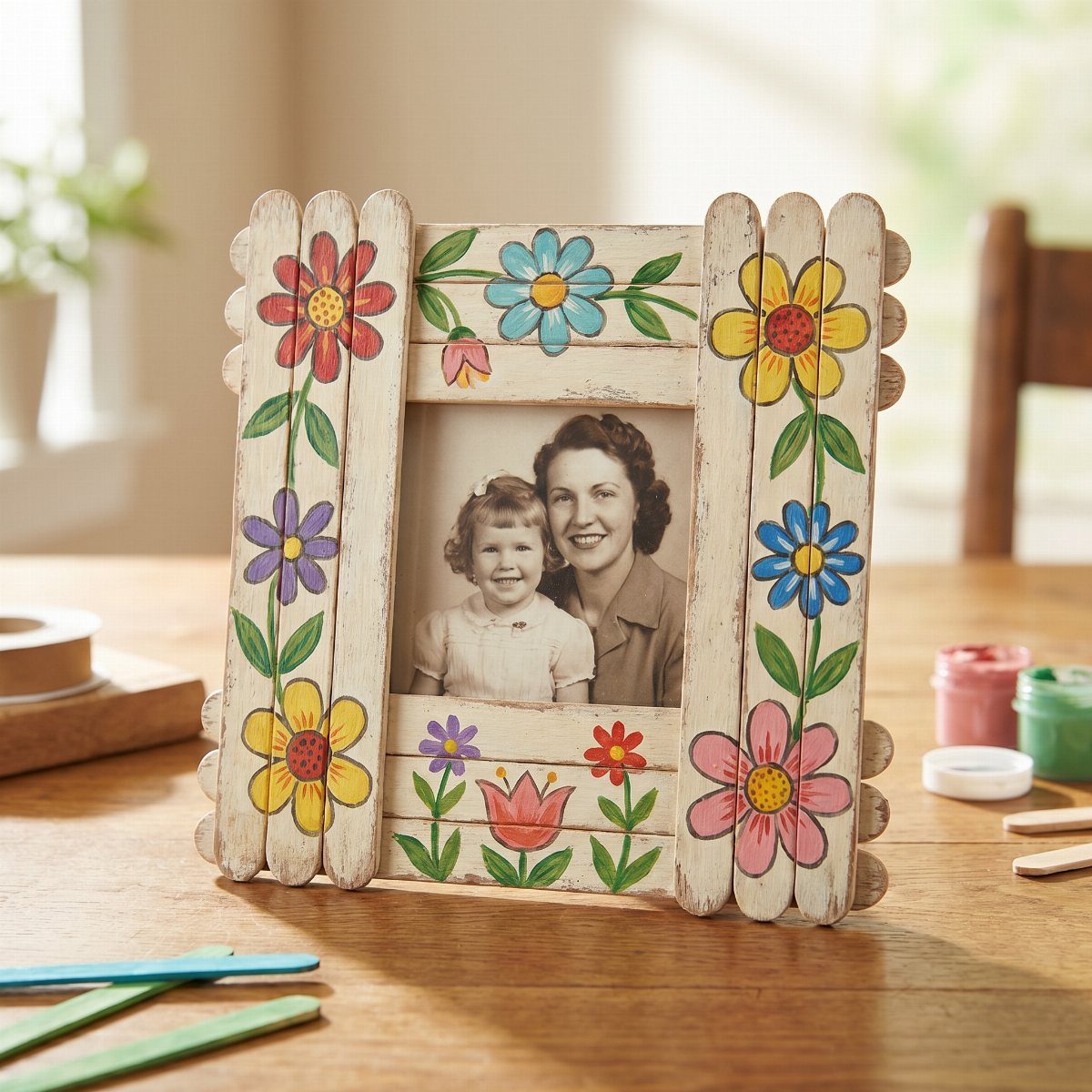 Handmade craft stick photo frame decorated with colorful painted flowers holding a vintage photograph.