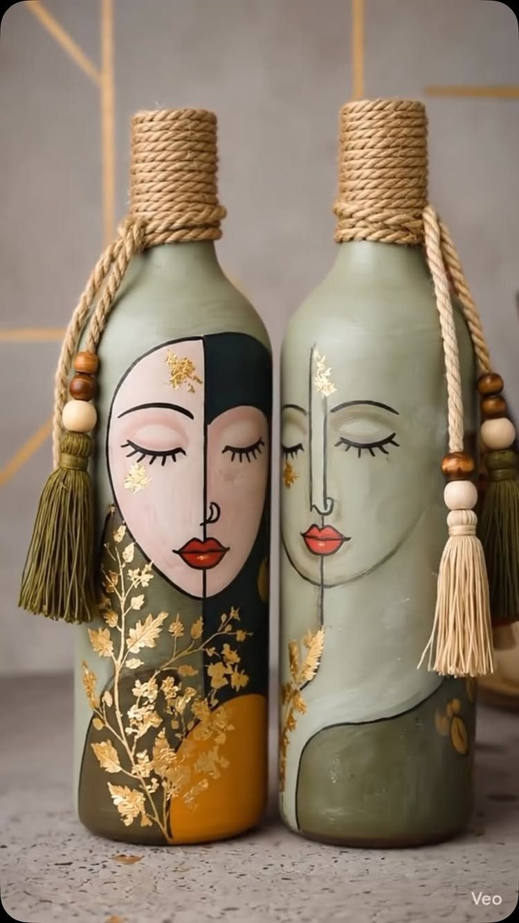 Two painted wine bottles featuring stylized faces with gold leaf and twine tassels.