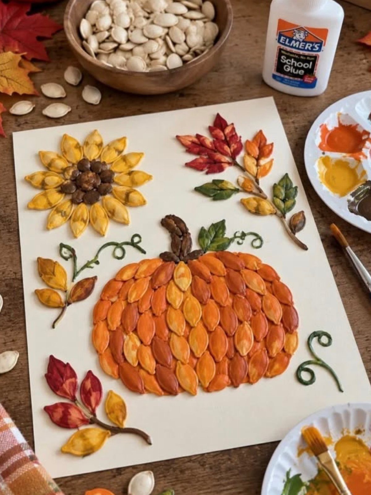 Seed art pumpkin and sunflower on white paper with glue and paint nearby