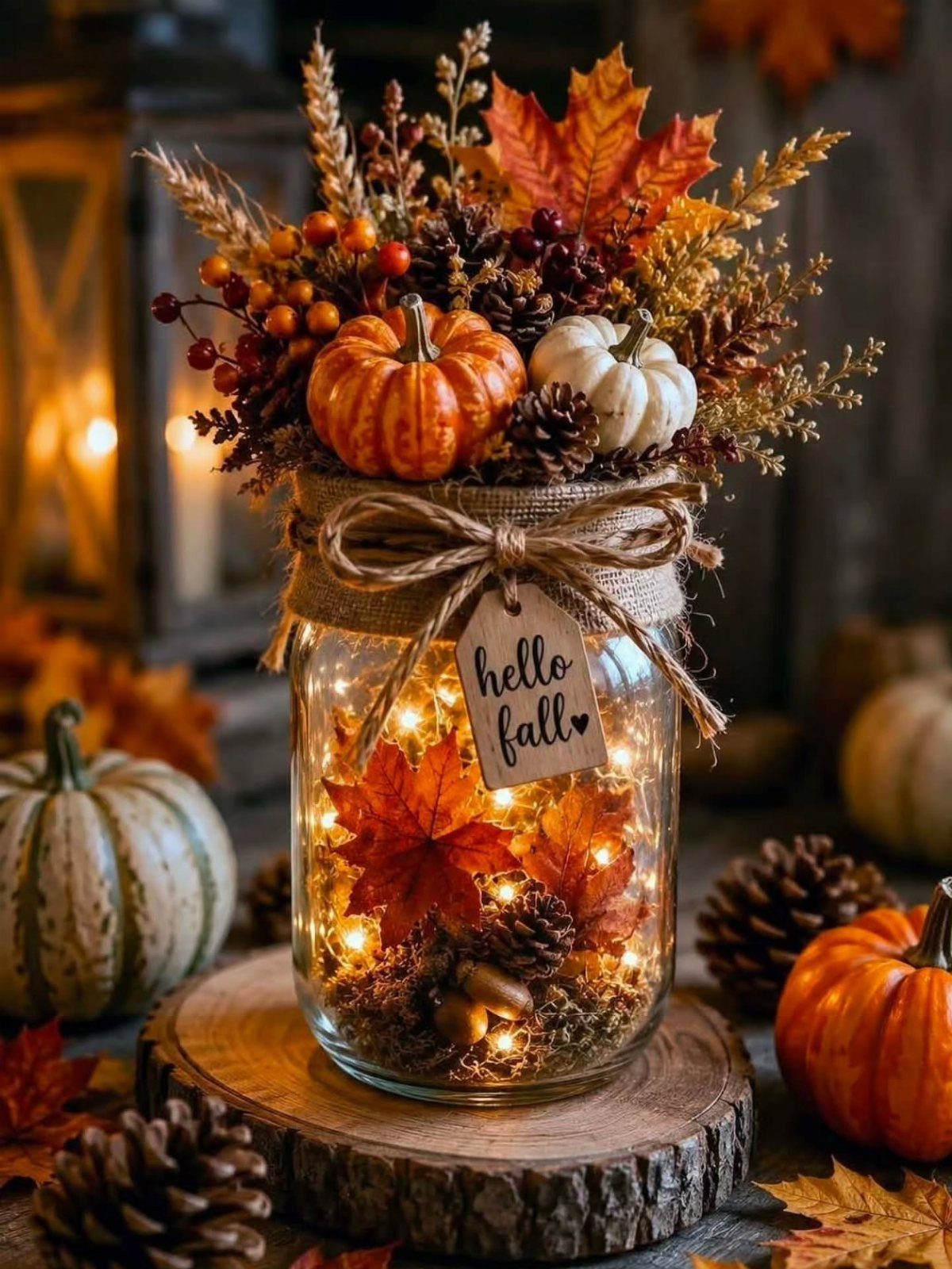 Mason jar filled with lights and leaves topped with small pumpkins and foliage