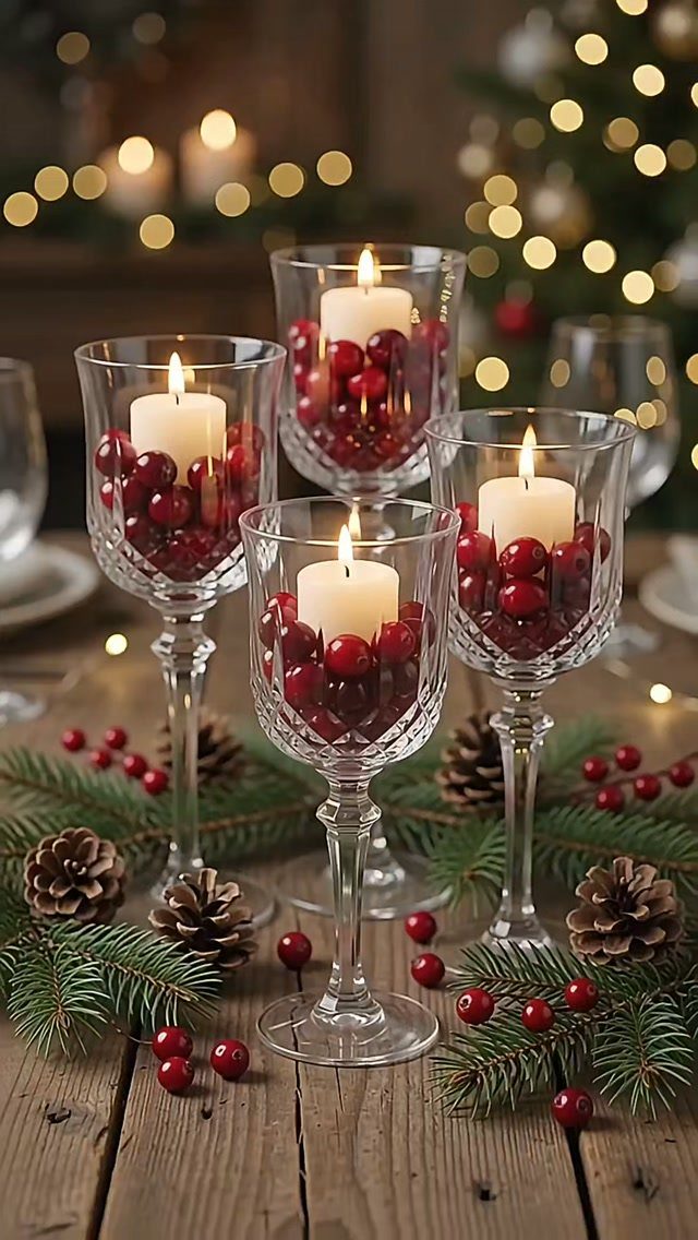 Stemmed glass candle holders filled with red cranberries on a rustic wooden table.