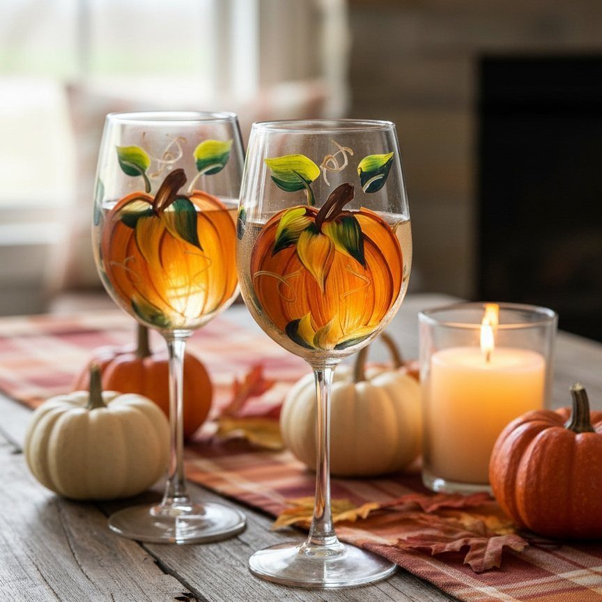 Wine glasses painted with orange pumpkins on a rustic autumn table setting