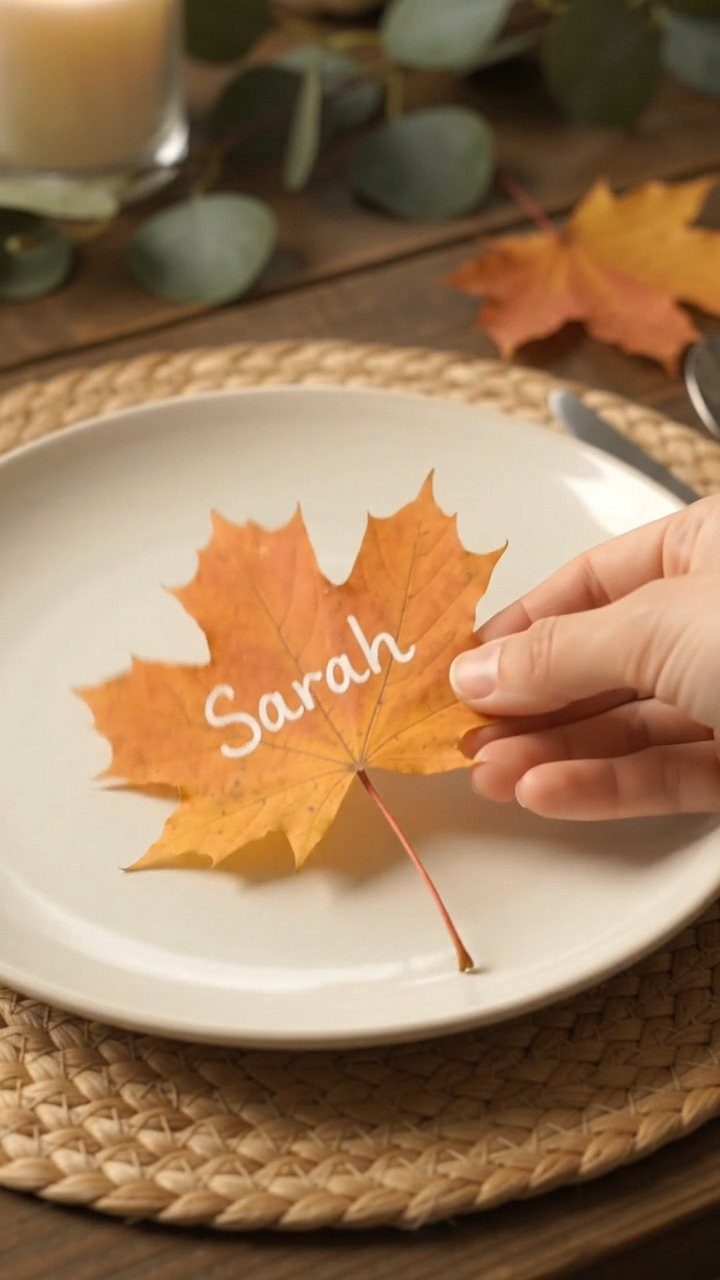 Orange maple leaf place card with name Sarah on a white dinner plate
