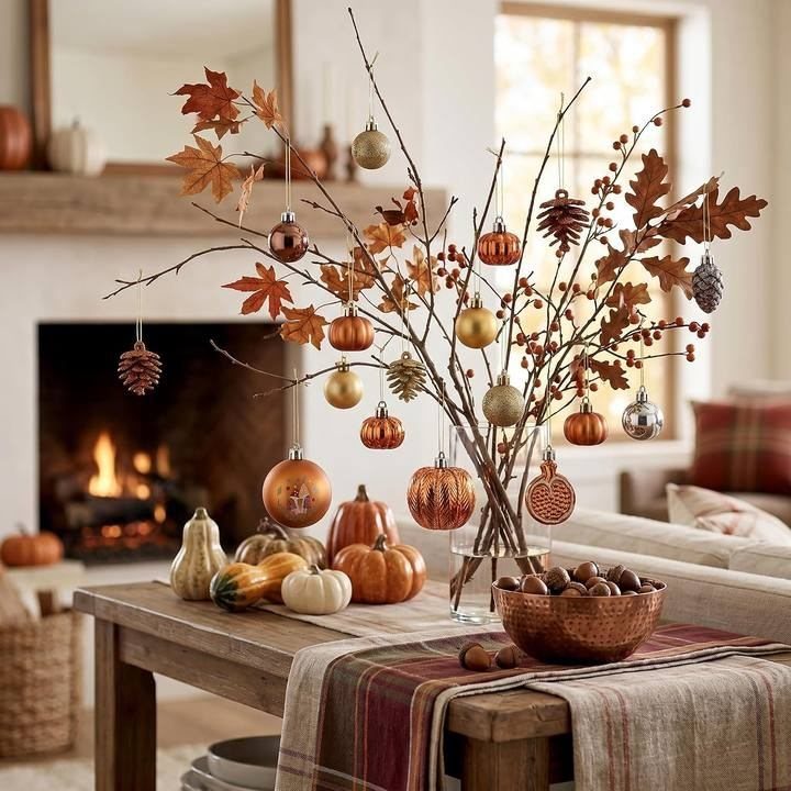 Autumn branches in a vase decorated with hanging pumpkin and pinecone ornaments.