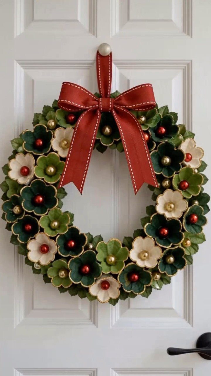 Fabric flower wreath with a red bow hanging on a white door.