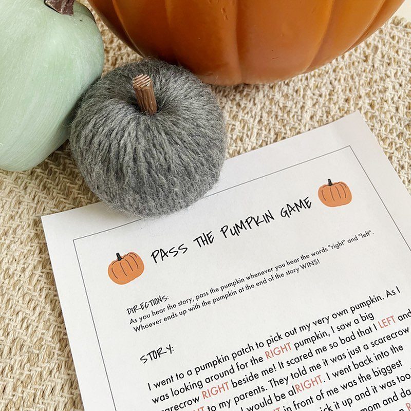 Pass the Pumpkin Game printable sheet with decorative pumpkins on burlap fabric