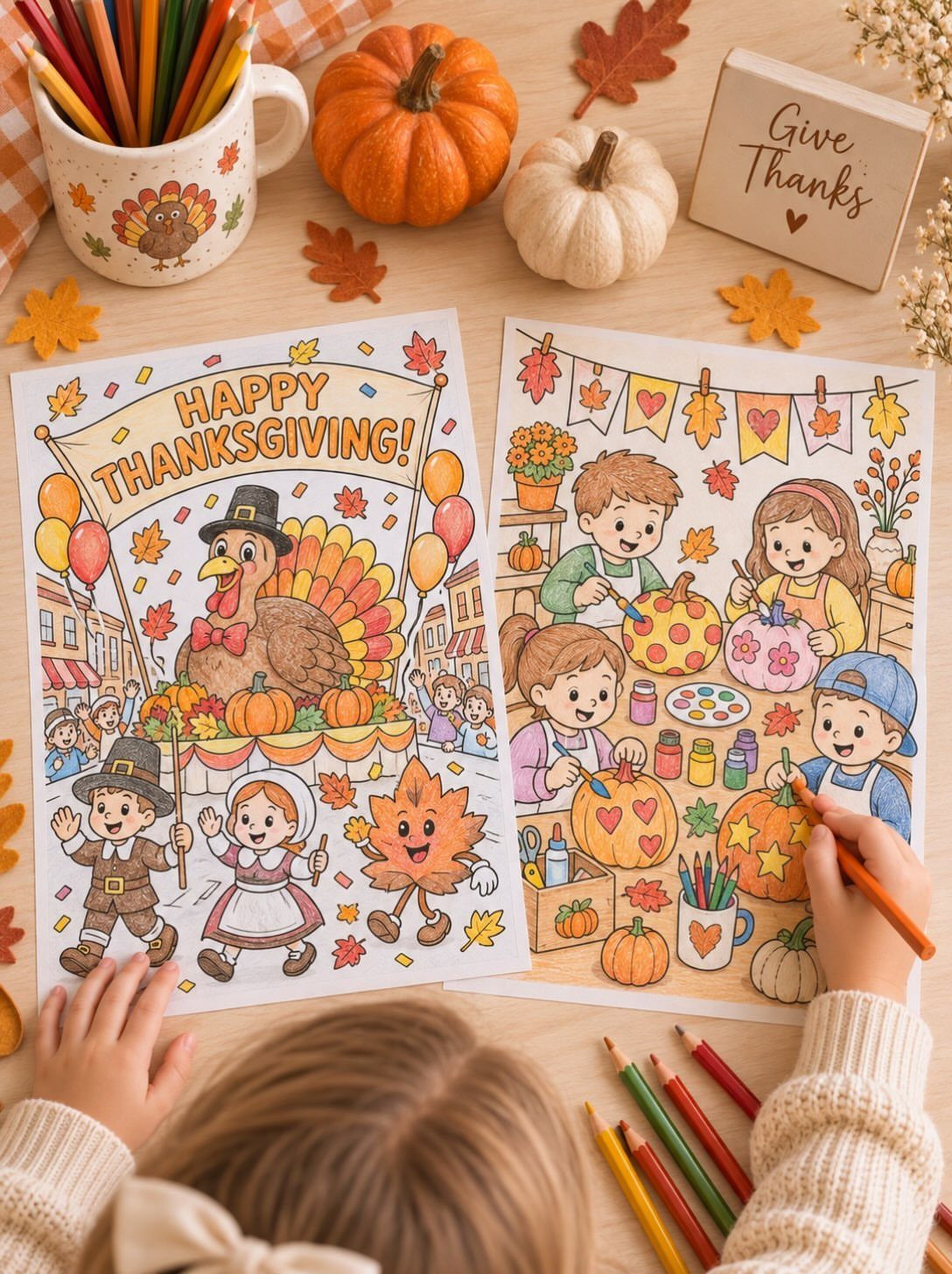 Child coloring Thanksgiving printable pages with pumpkins and autumn leaves on a table
