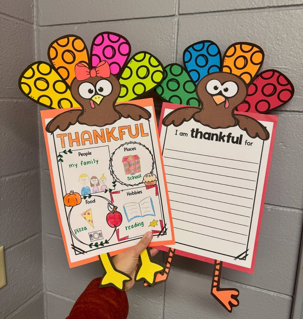 Turkey-shaped Thanksgiving printable worksheets showing a completed gratitude activity and a blank template.