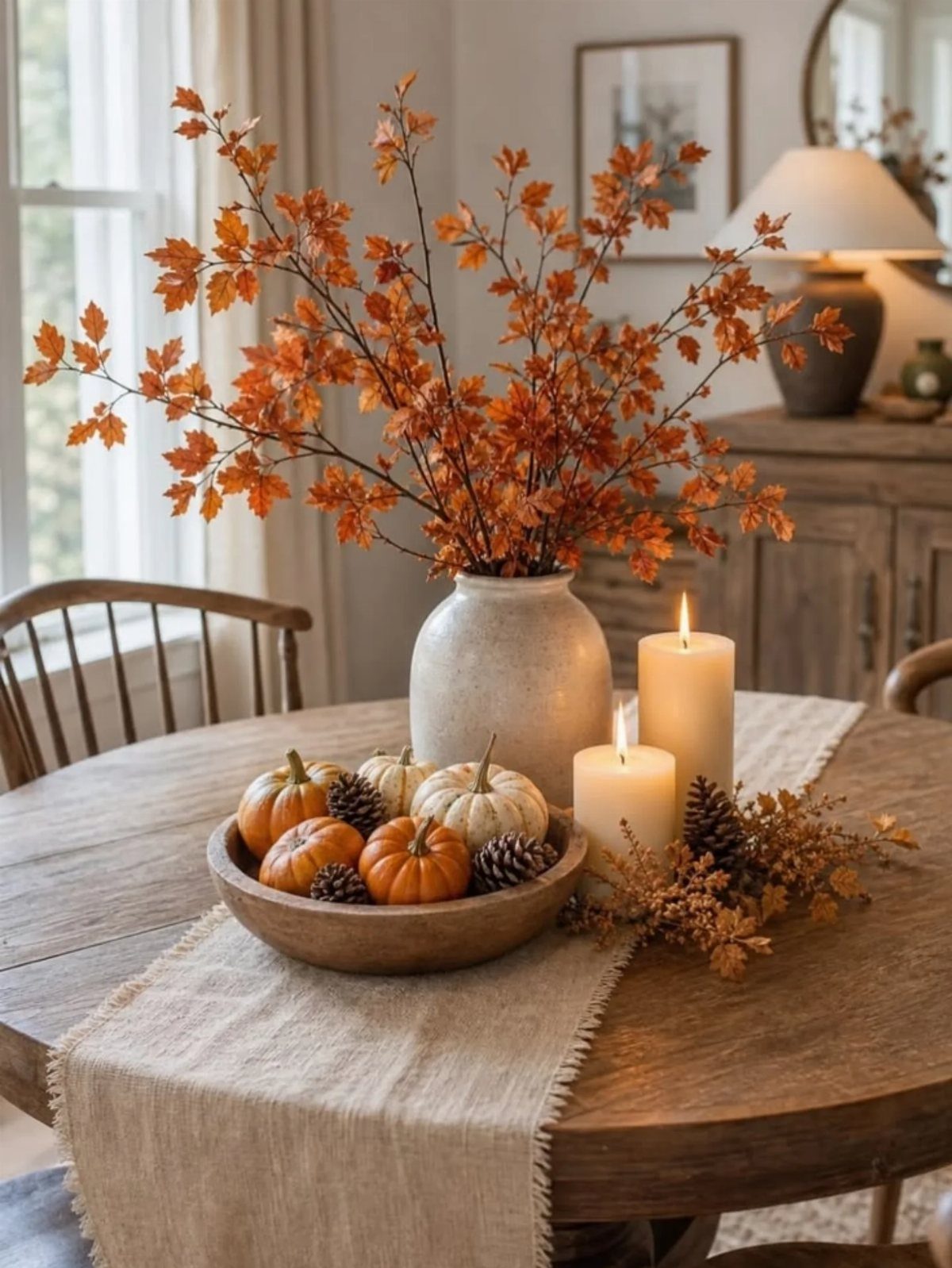 Autumn table setting with lit pillar candles, pumpkins in a wooden bowl, and orange leaves.