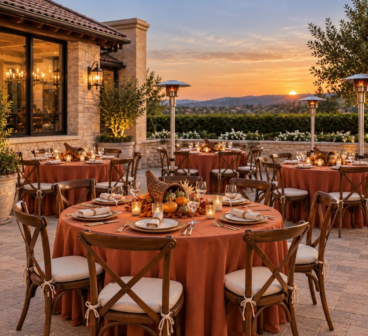 Round tables with orange linens and autumn centerpieces on an outdoor patio at sunset