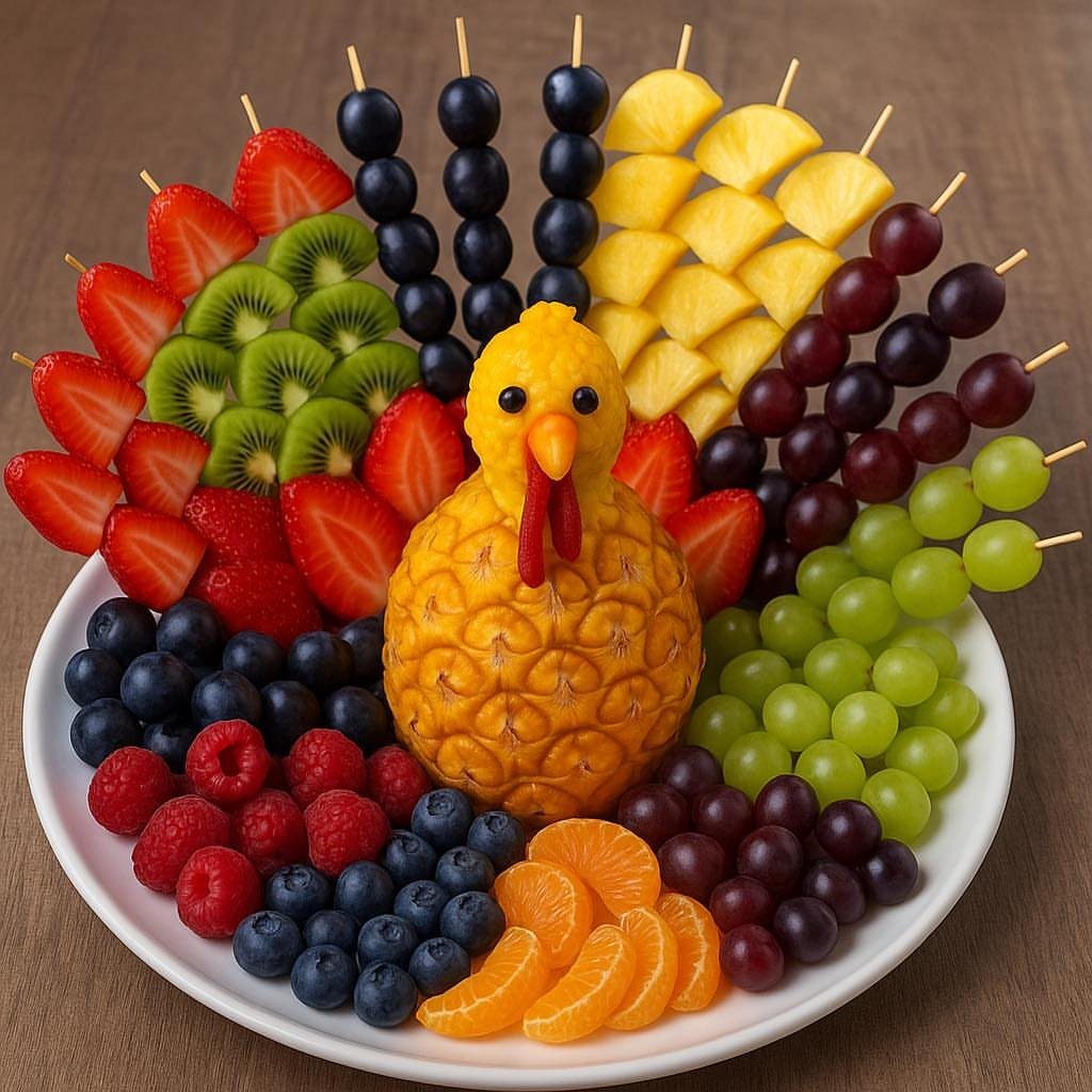 Fruit platter arranged as a turkey with a pineapple body and colorful fruit feathers.