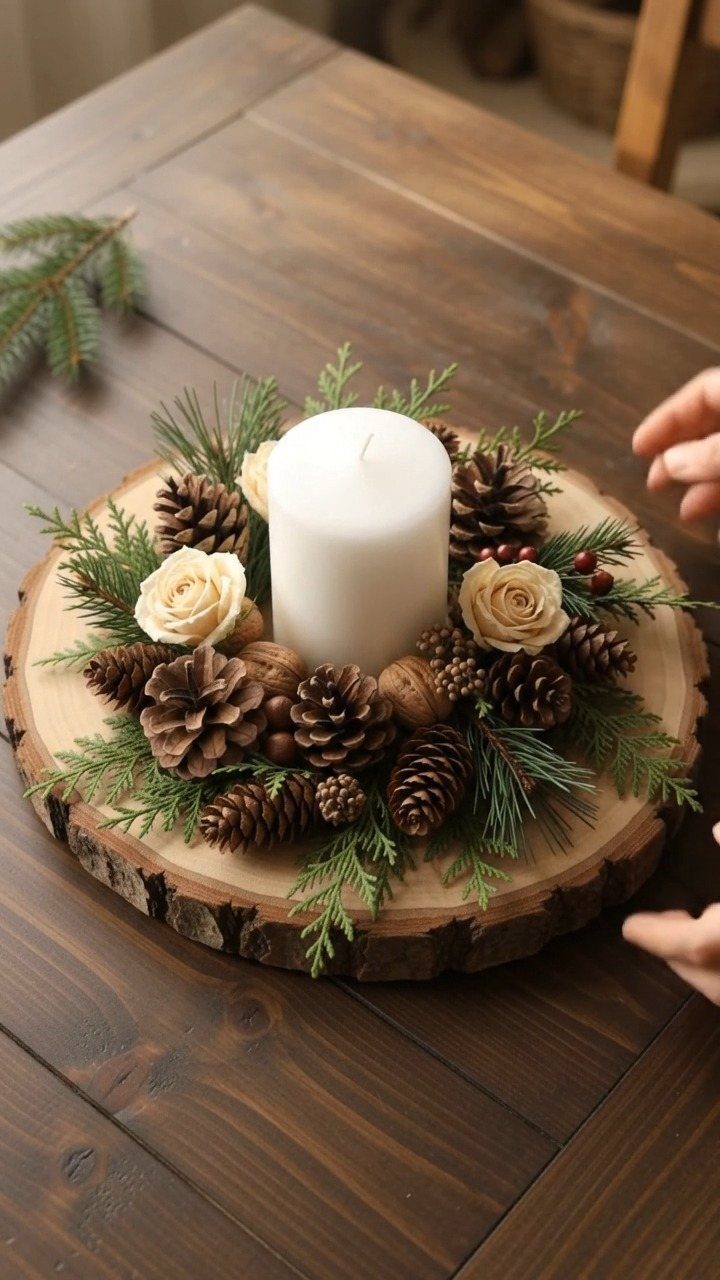 White pillar candle surrounded by pinecones and greenery on a wooden slice centerpiece.