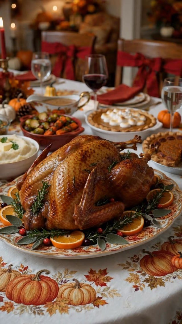 Roasted turkey on a platter centered on a decorated round Thanksgiving dinner table