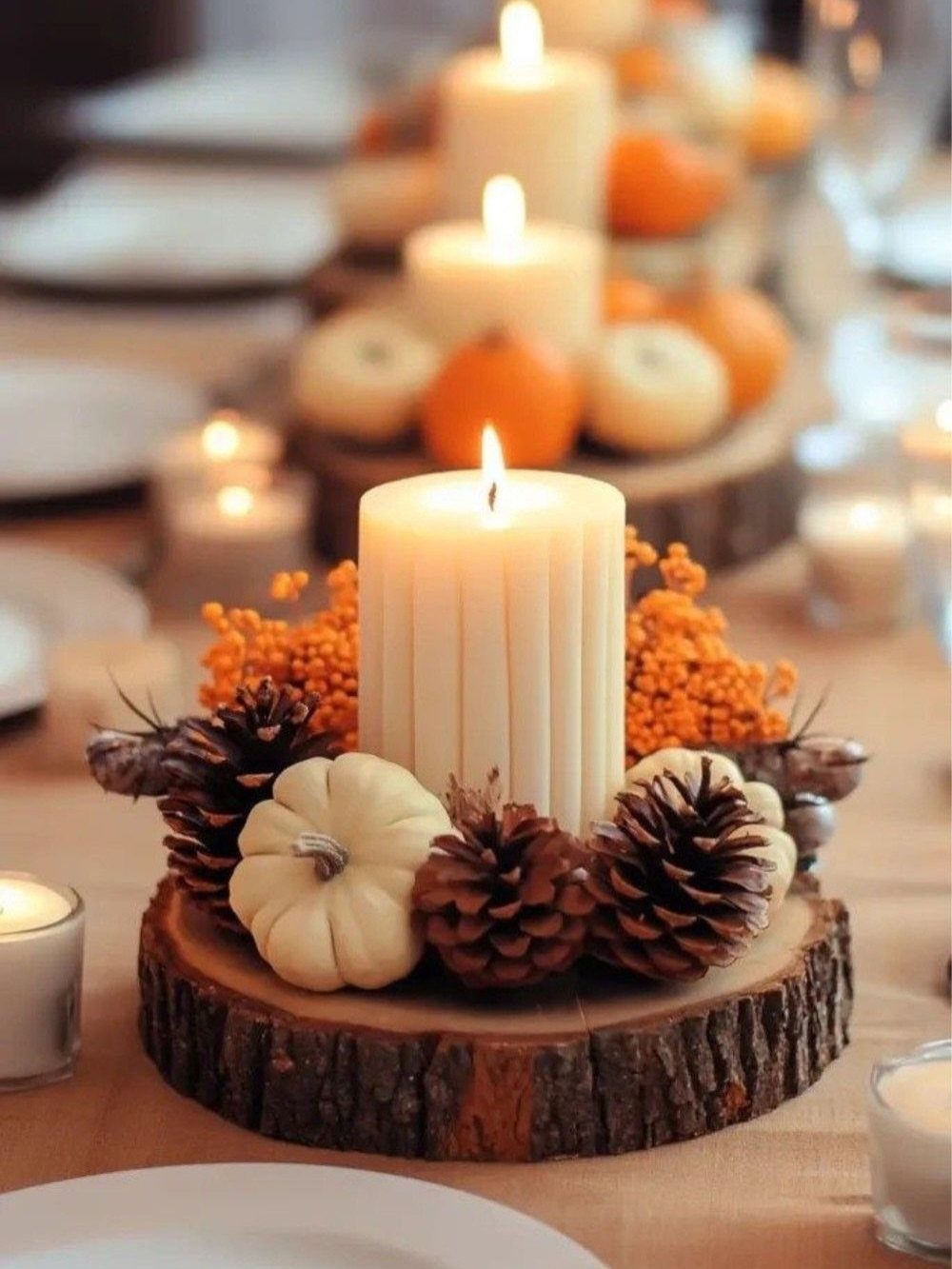 White pillar candle on a wood slice with mini pumpkins and pine cones.